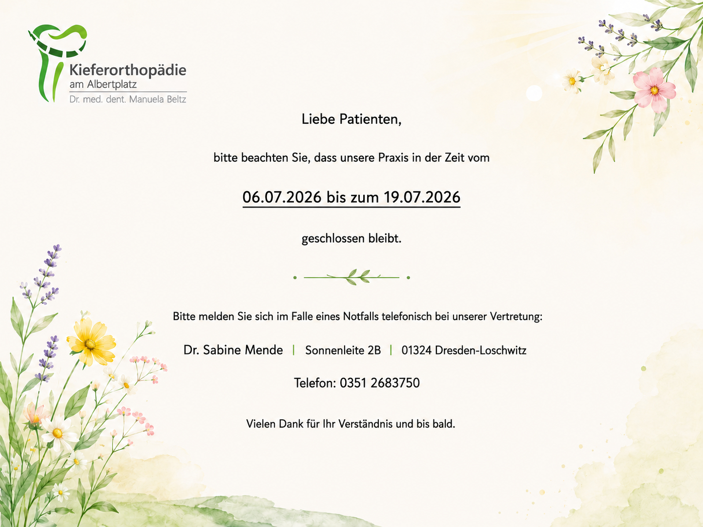 KieferorthopƤdie Dresden | Frau Dr. Beltz KieferorthopaĢdie Beltz Urlaub